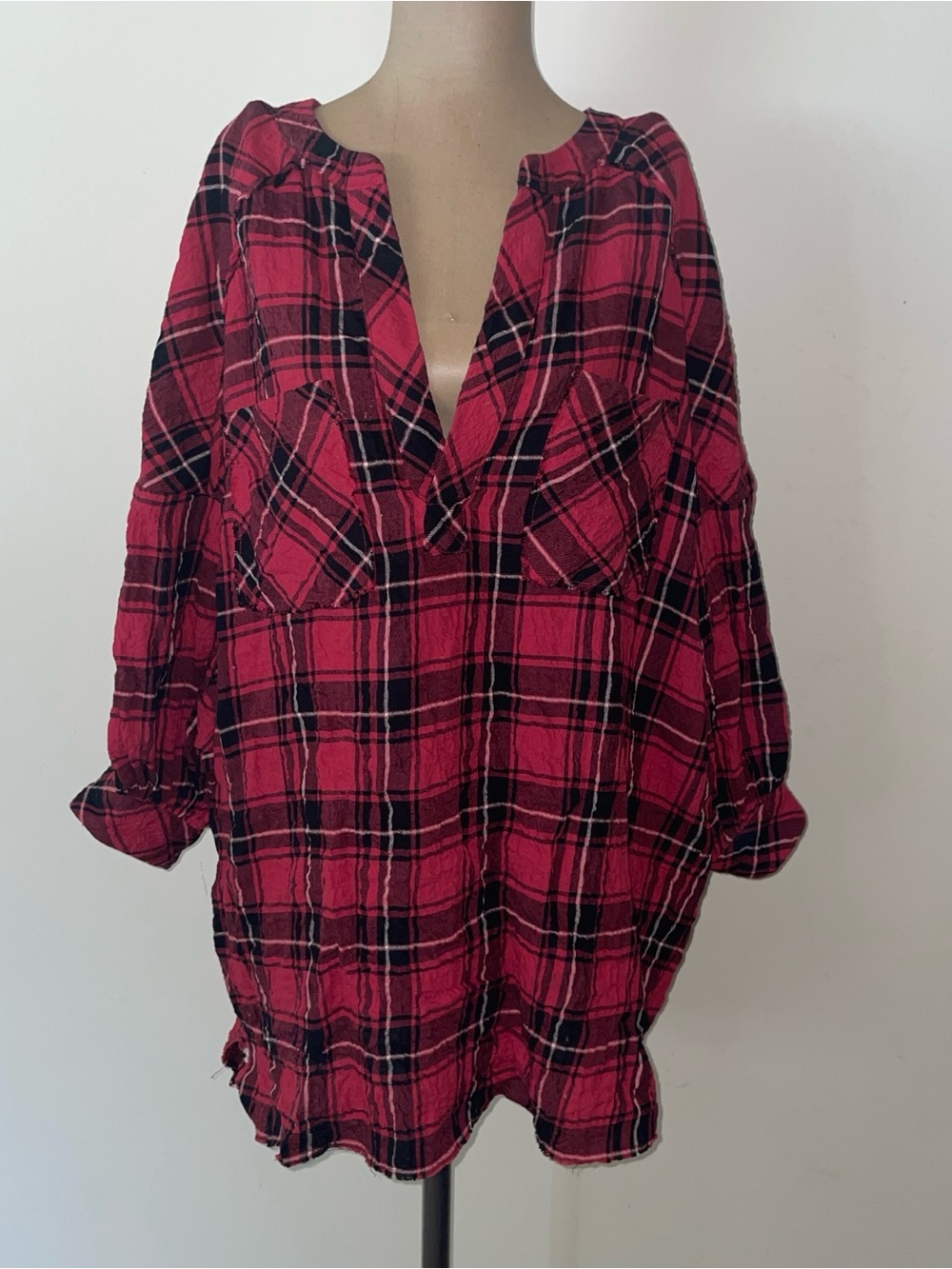 Free People plaid slit neckline blouse